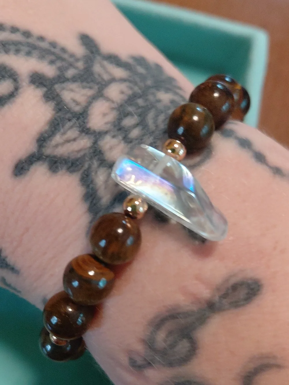 Tiger Eye Beaded Stretch Bracelet with Clear Aura Quartz